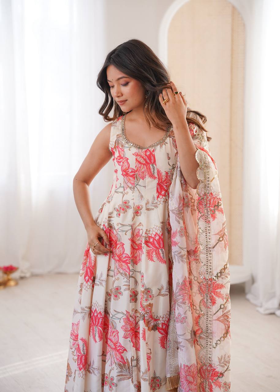 Eloriya Hemaxi's Floral Print Straight Kali Cut Anarkali Suit - Pink | Eloriya India