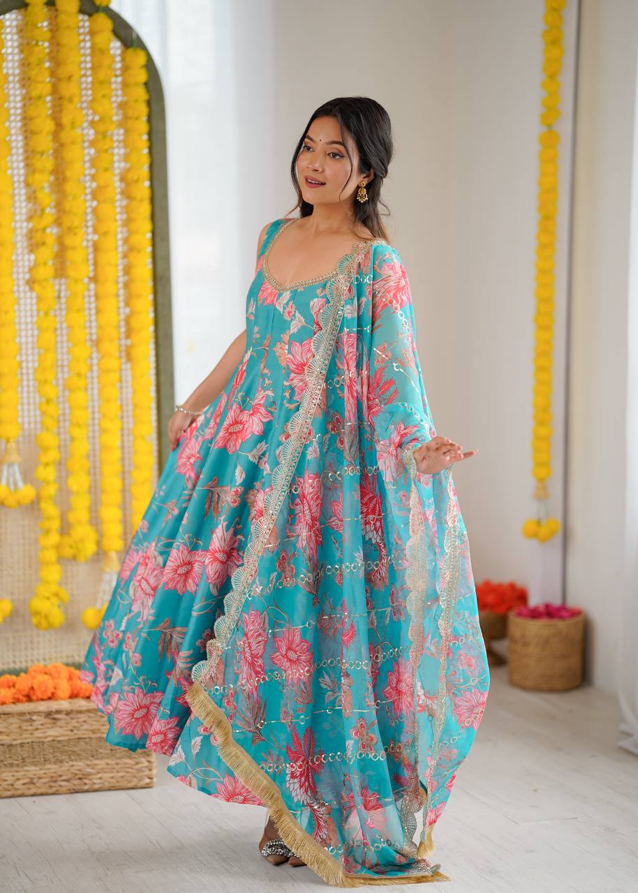 Eloriya Hemaxi's Floral Print Straight Kali Cut Anarkali Suit - SKY | Eloriya India