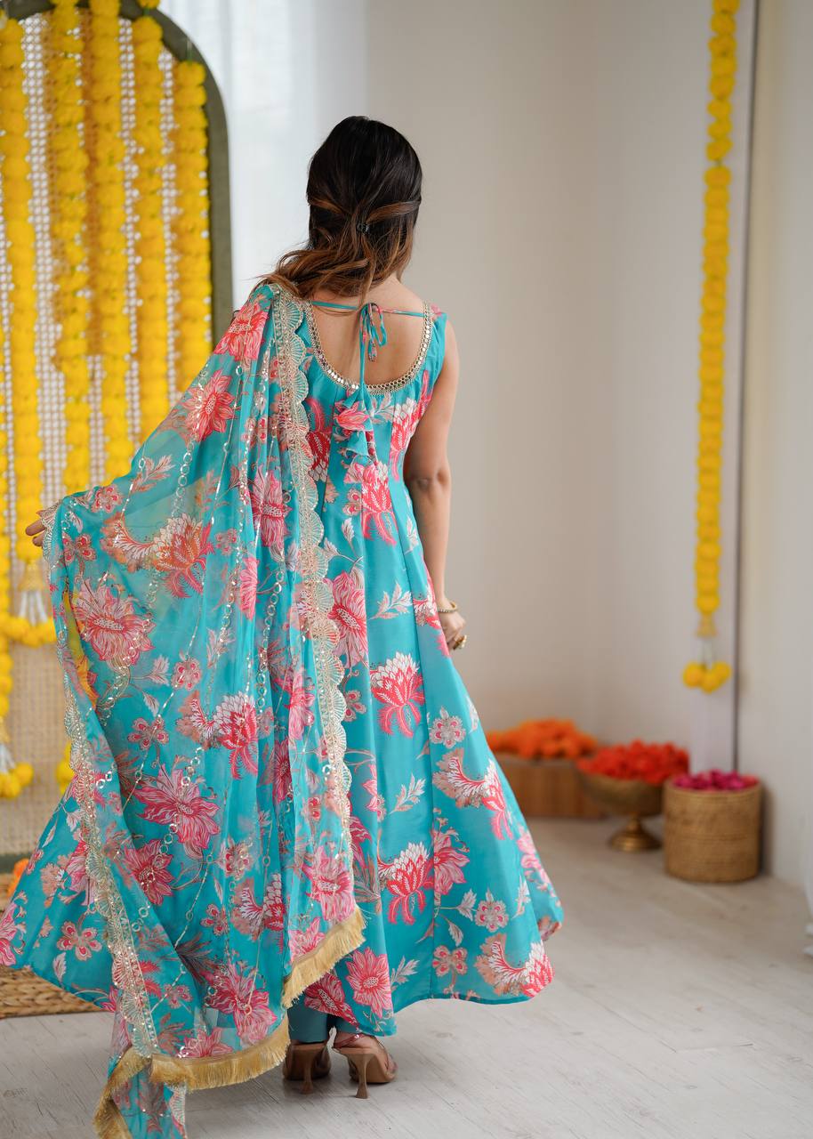 Eloriya Hemaxi's Floral Print Straight Kali Cut Anarkali Suit - Pink | Eloriya India