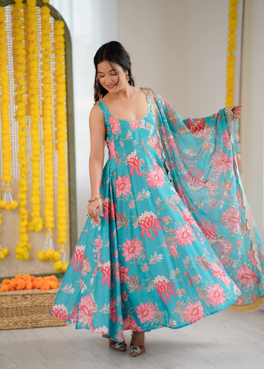 Eloriya Hemaxi's Floral Print Straight Kali Cut Anarkali Suit - SKY | Eloriya India