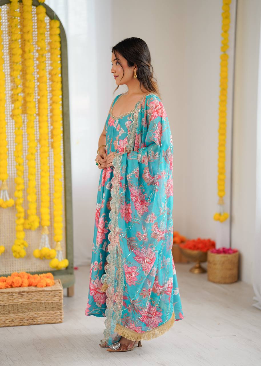 Eloriya Hemaxi's Floral Print Straight Kali Cut Anarkali Suit - Pink | Eloriya India