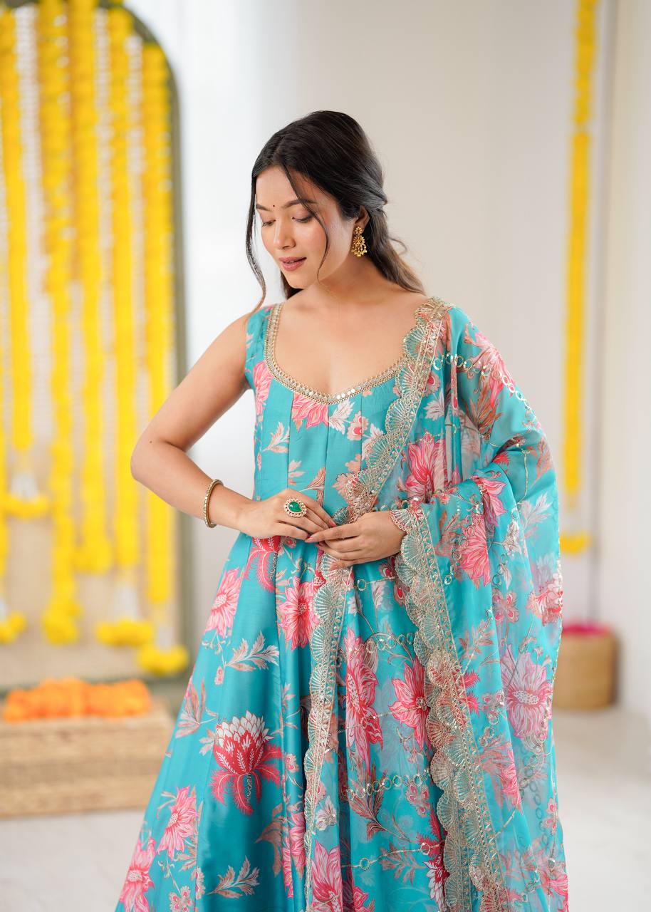 Eloriya Hemaxi's Floral Print Straight Kali Cut Anarkali Suit - Pink | Eloriya India