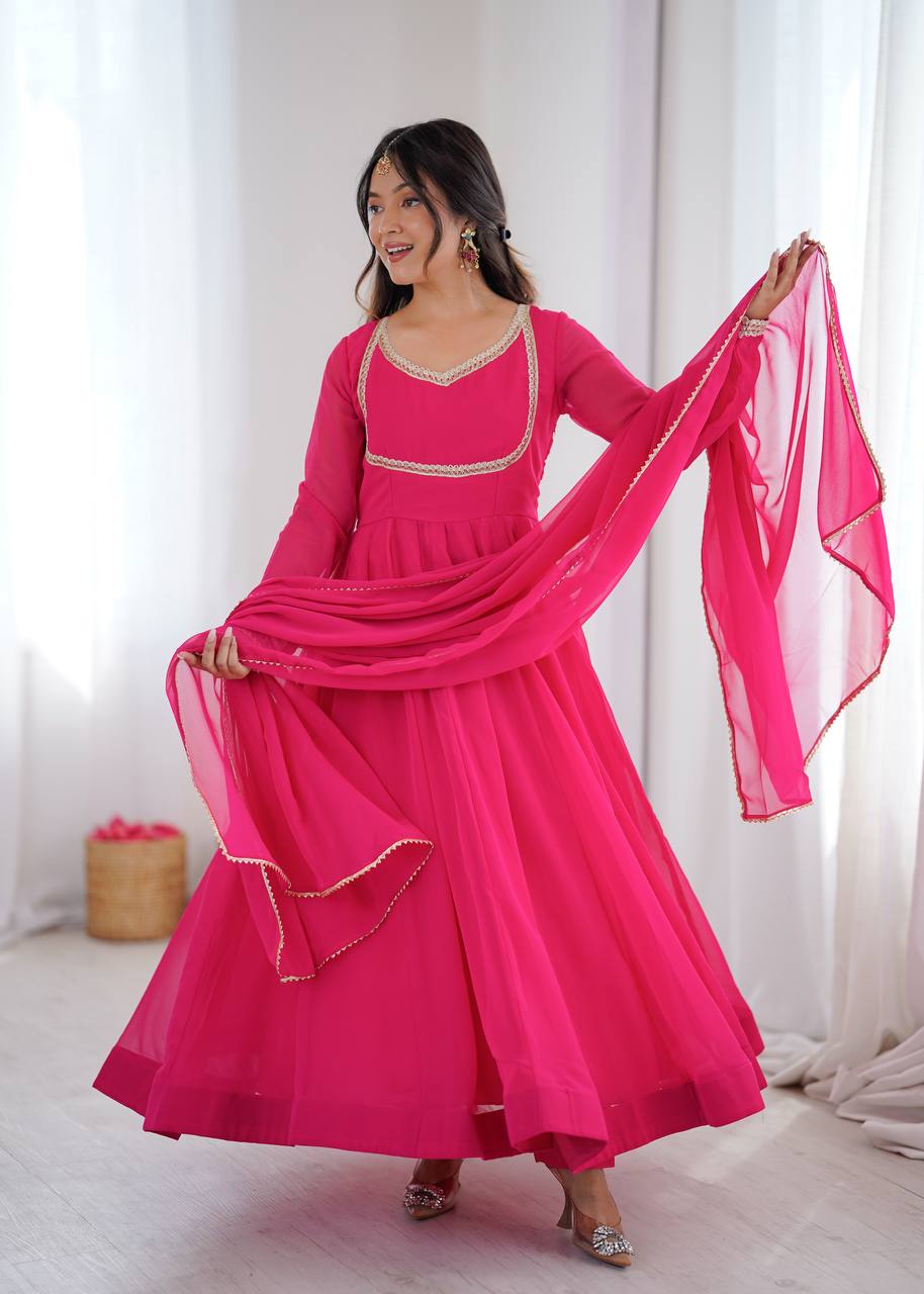 Eloriya Classic Pink Flowing Anarkali Suit Set - M [38] | Eloriya India