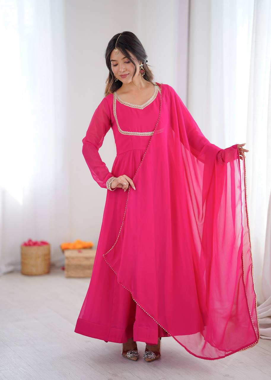 Eloriya Classic Pink Flowing Anarkali Suit Set - L [40] | Eloriya India