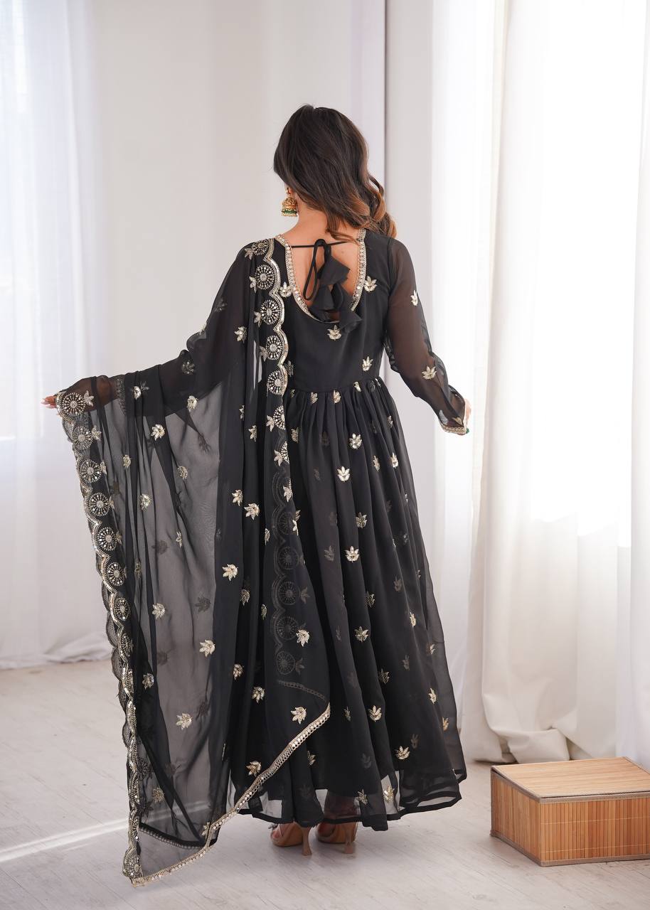 Eloriya Premium Black Sequin Embroidered Georgette Gown Set | Eloriya India