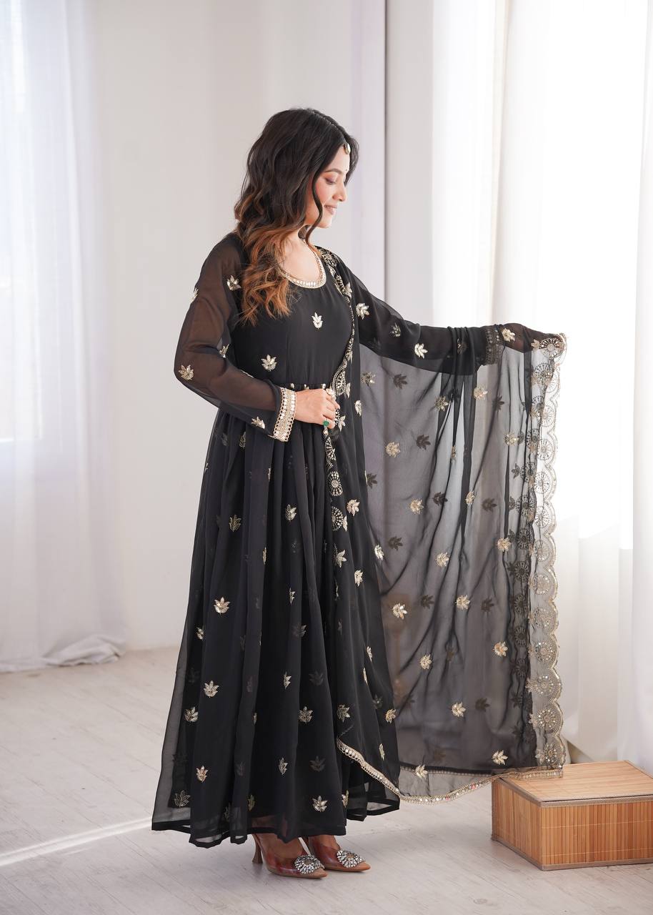 Eloriya Premium Black Sequin Embroidered Georgette Gown Set | Eloriya India