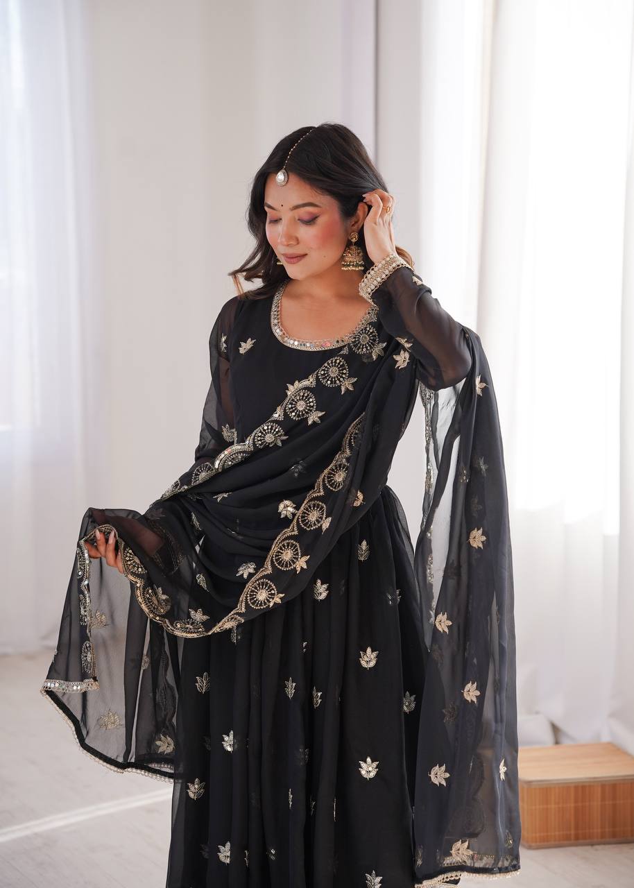 Eloriya Premium Black Sequin Embroidered Georgette Gown Set - 2XL [44] | Eloriya India