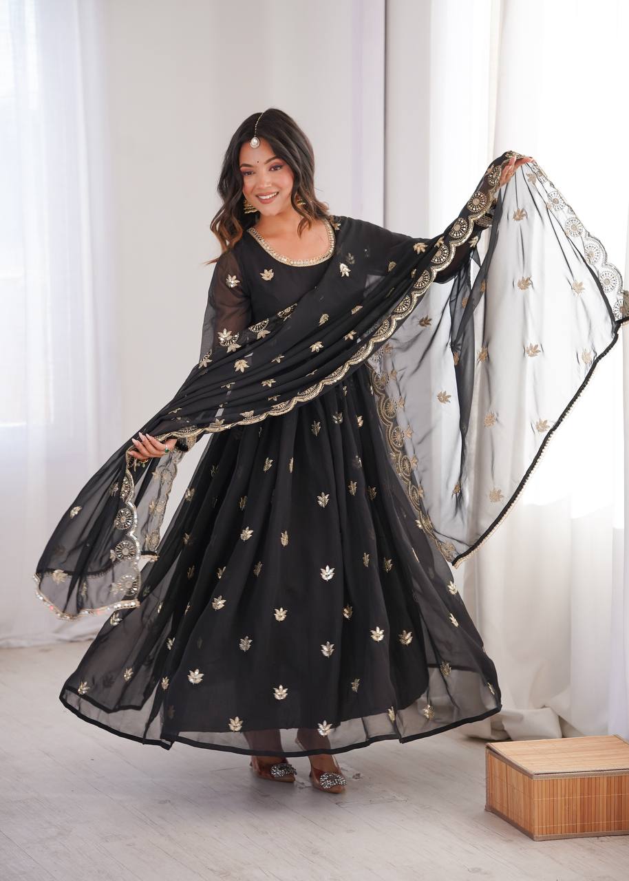 Eloriya Premium Black Sequin Embroidered Georgette Gown Set - M [38] | Eloriya India