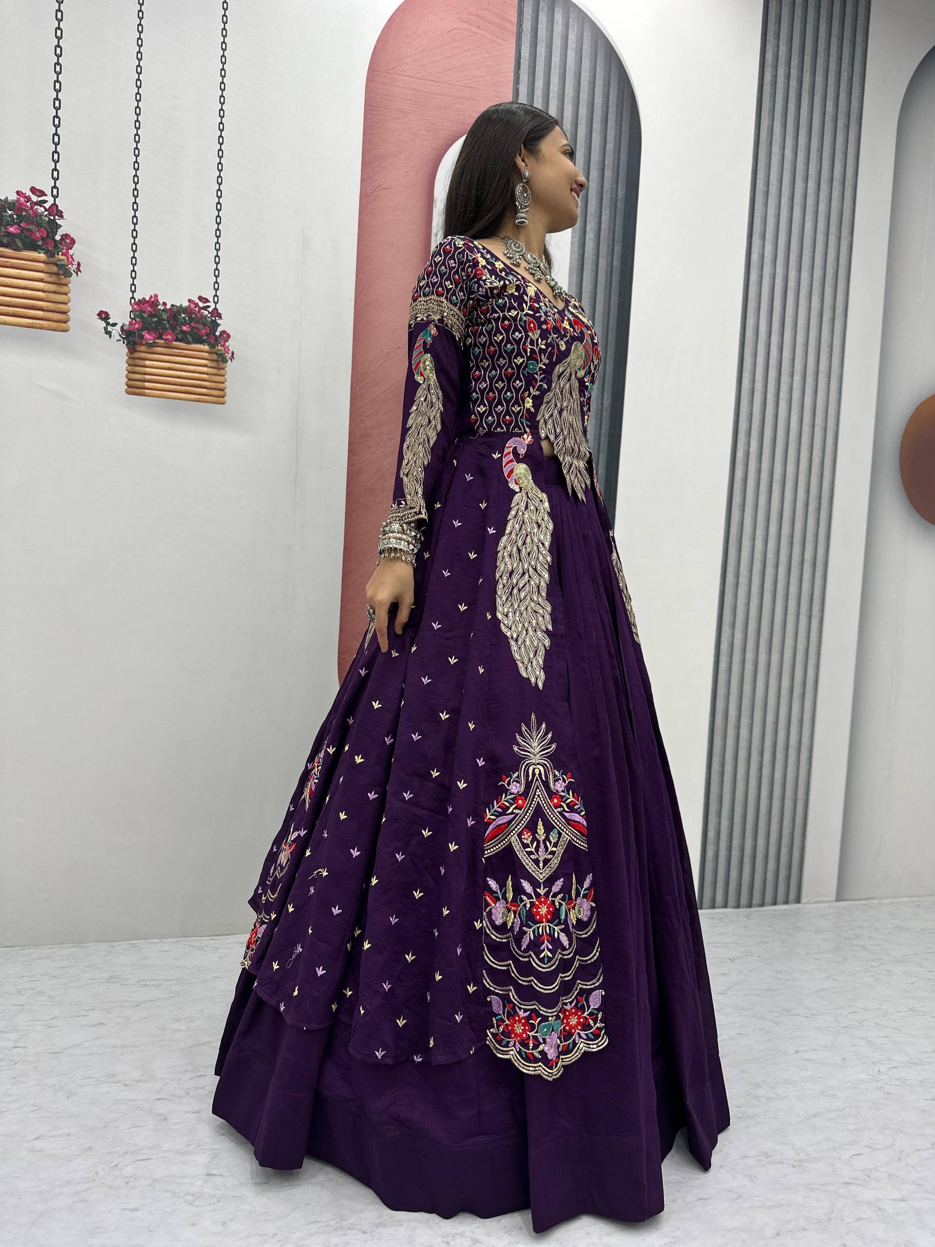 Eloriya Premium Quality Heavy Traditional Crop Top With Shrug With Color - Rama | Eloriya India