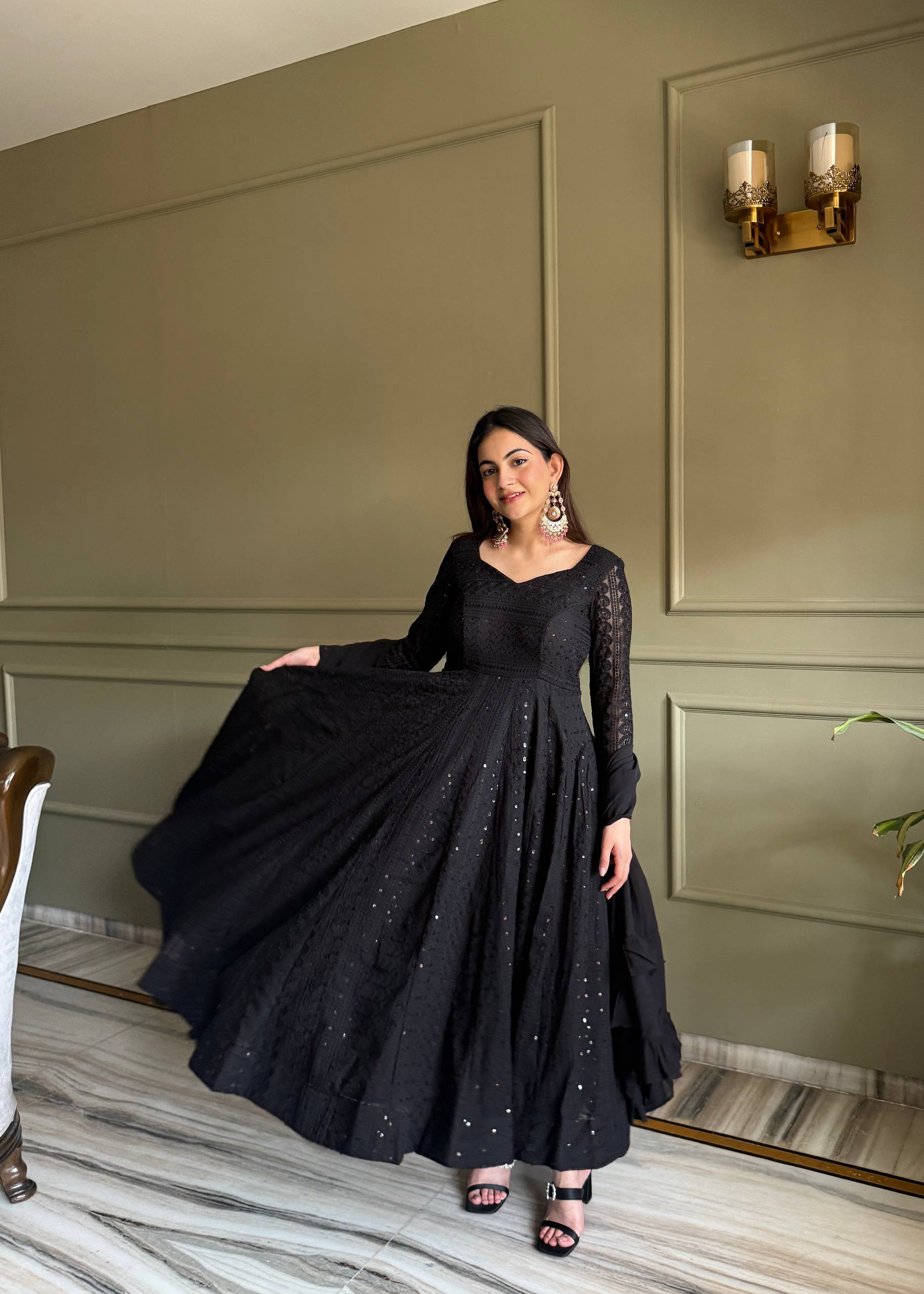 Eloriya Black Luxe Lucknowi Sequins Anarkali Suit Set - M [38] | Eloriya India
