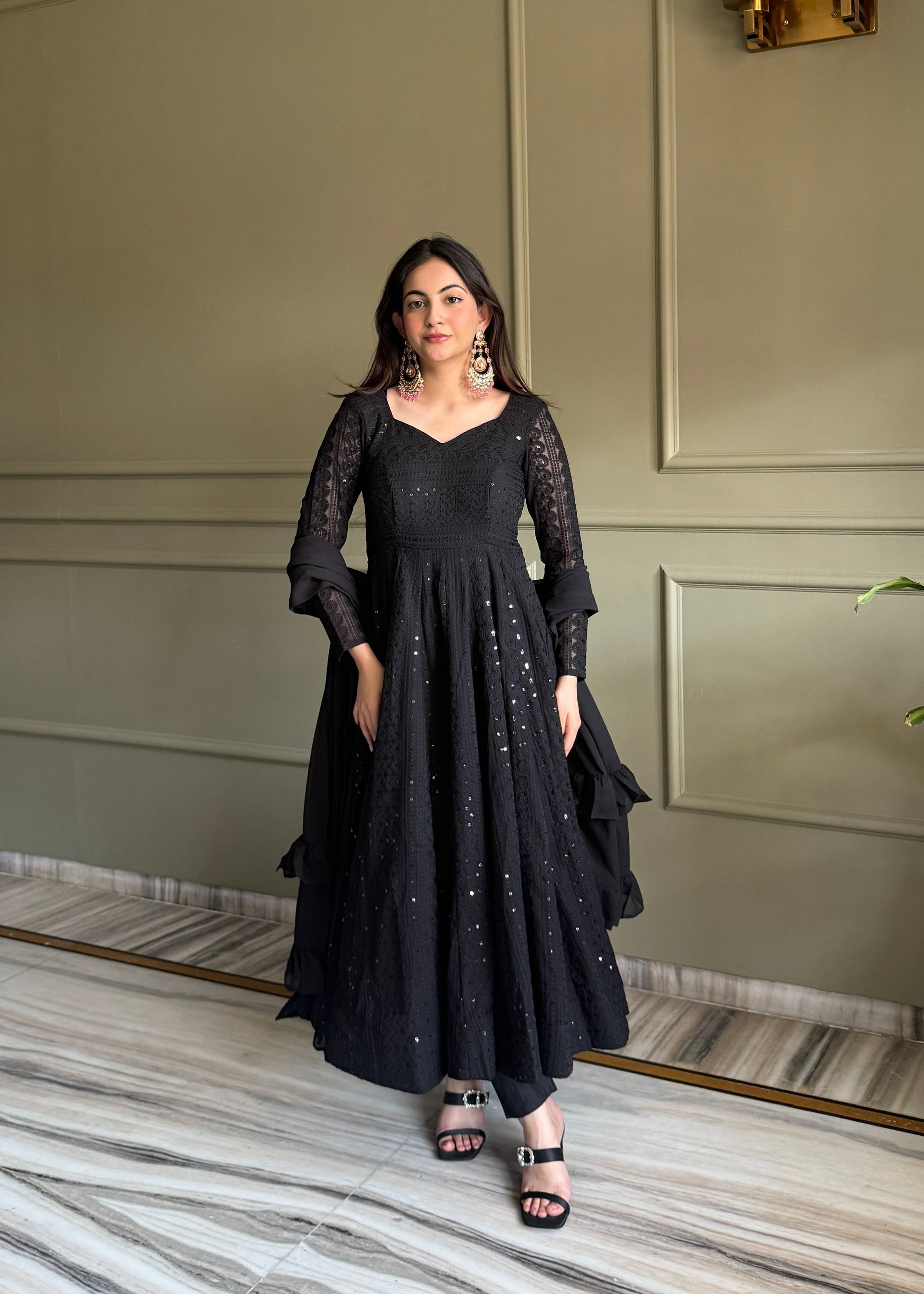 Eloriya Black Luxe Lucknowi Sequins Anarkali Suit Set - S [36] | Eloriya India