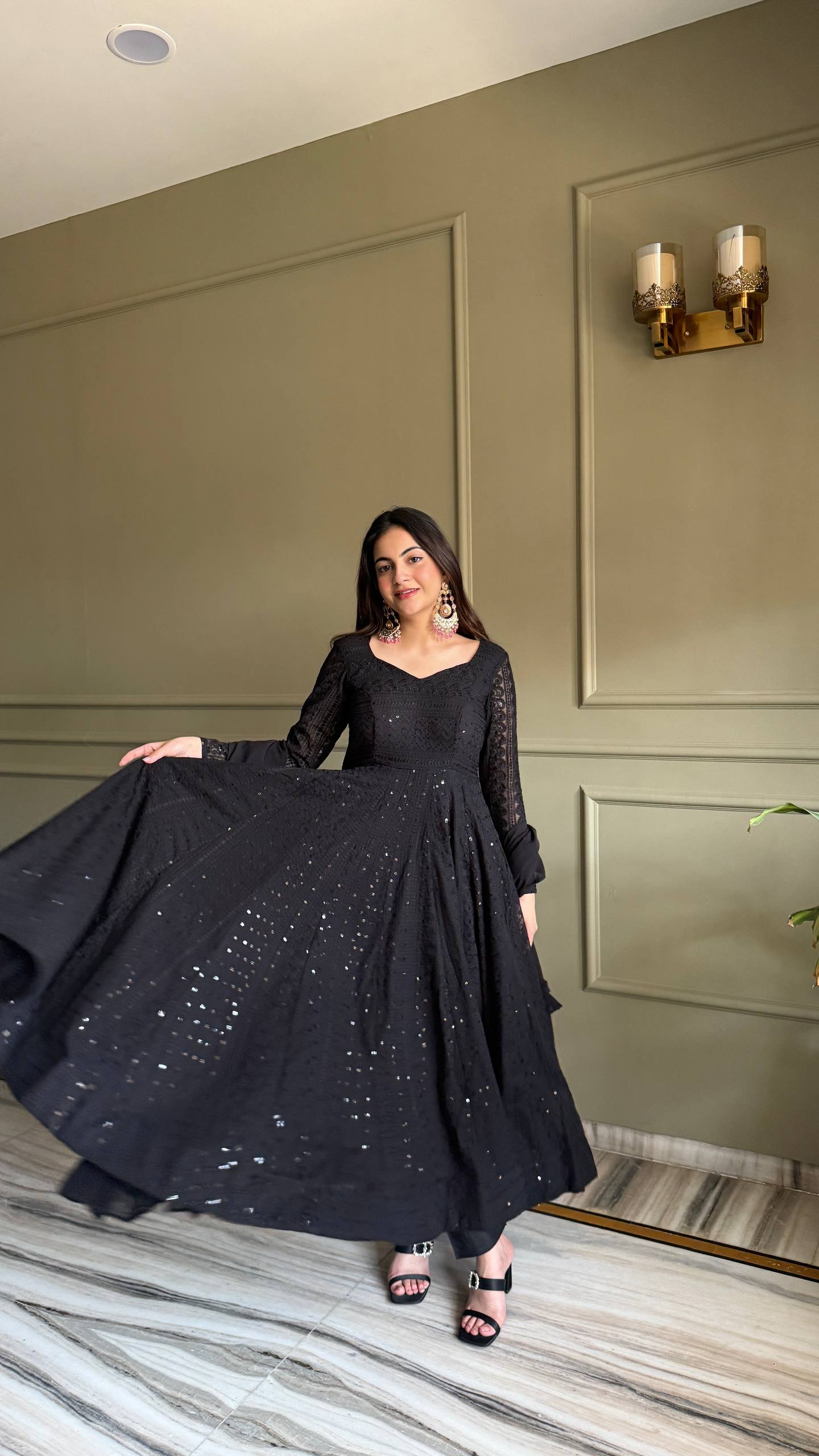 Eloriya Black Luxe Lucknowi Sequins Anarkali Suit Set | Eloriya India