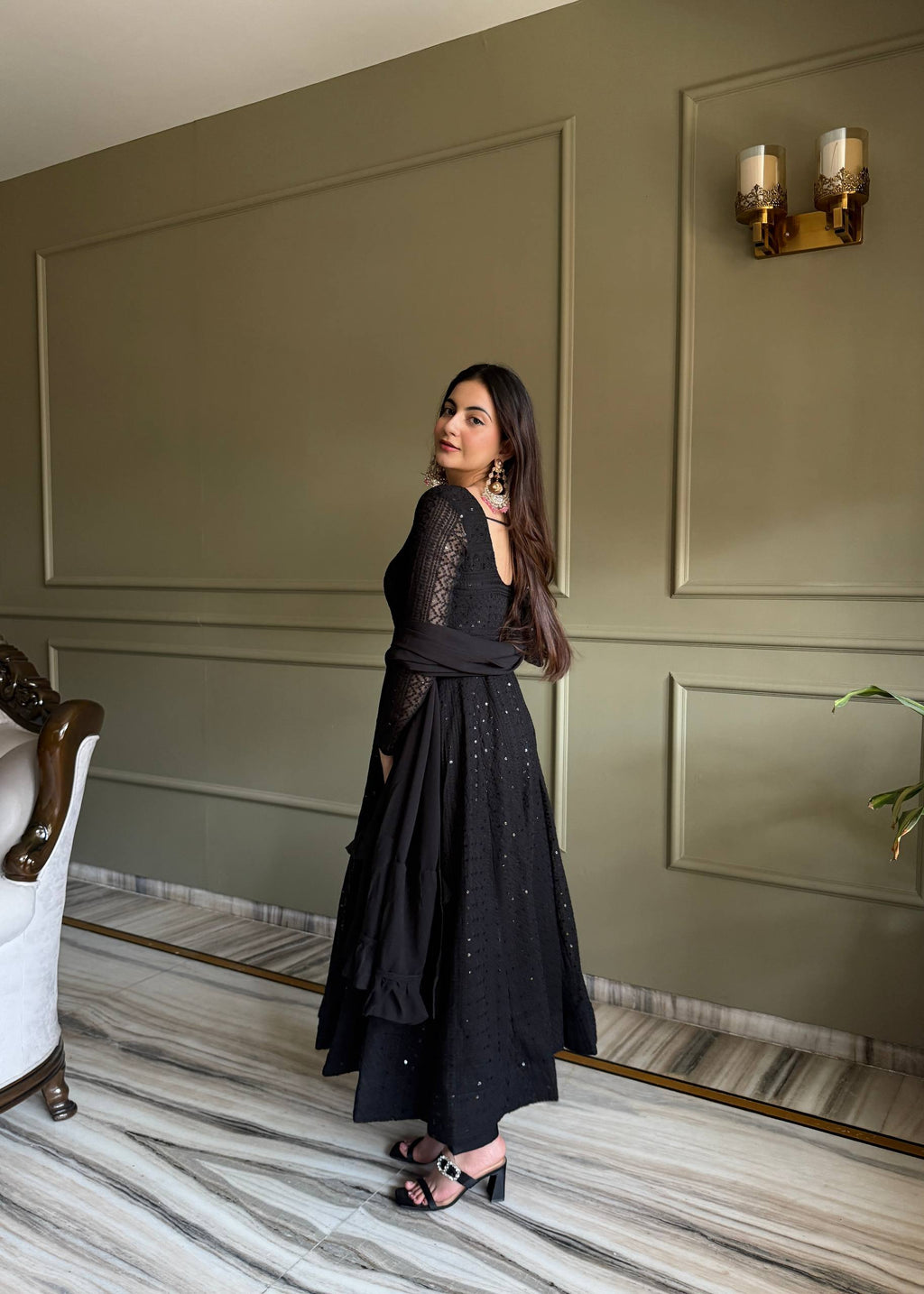 Eloriya Black Luxe Lucknowi Sequins Anarkali Suit Set | Eloriya India