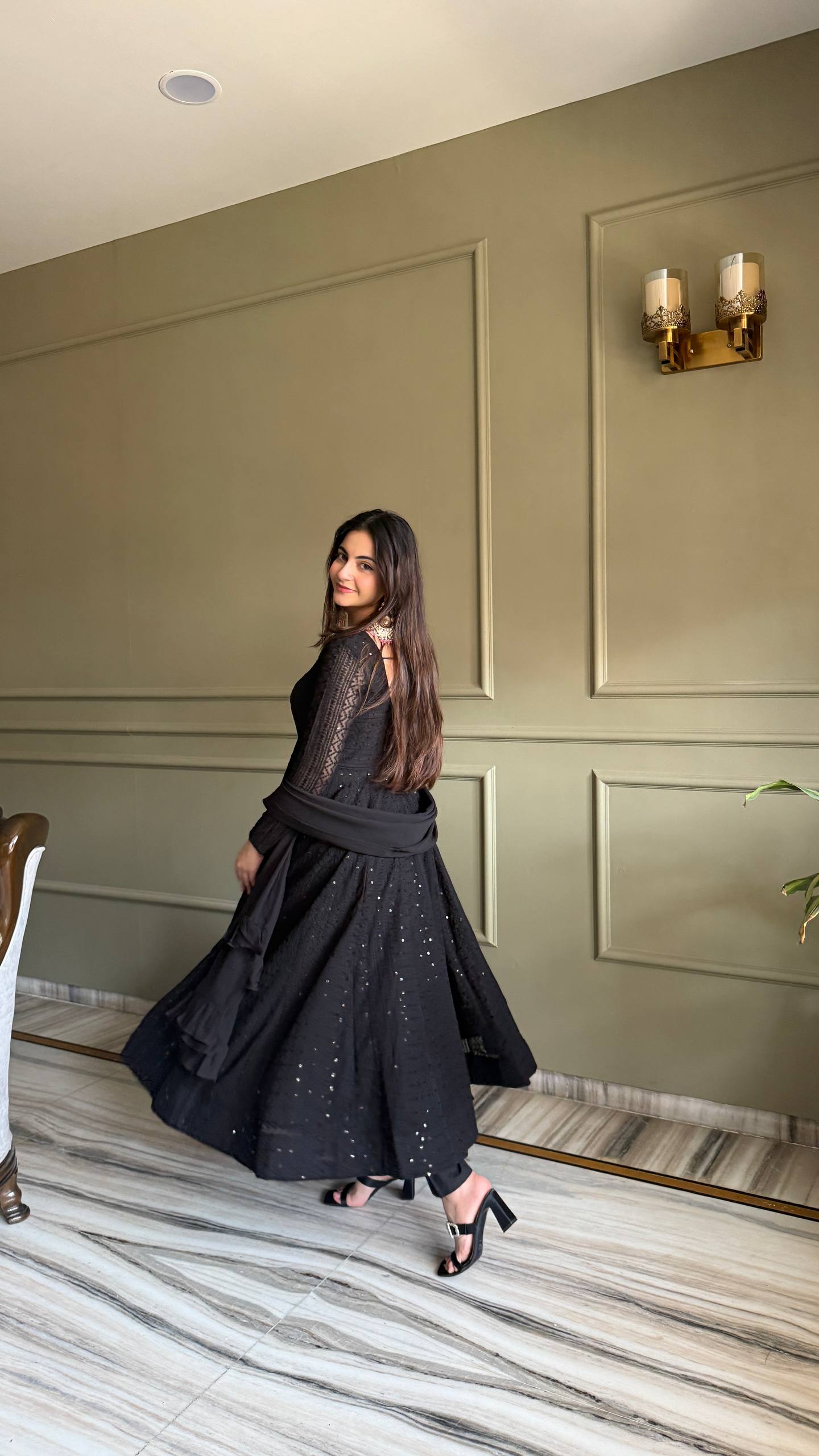 Eloriya Black Luxe Lucknowi Sequins Anarkali Suit Set - 2XL [44] | Eloriya India