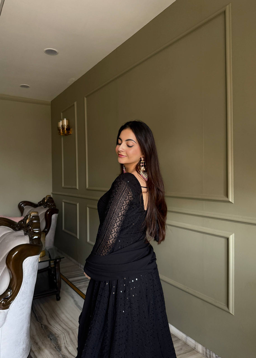 Eloriya Black Luxe Lucknowi Sequins Anarkali Suit Set - XL [42] | Eloriya India