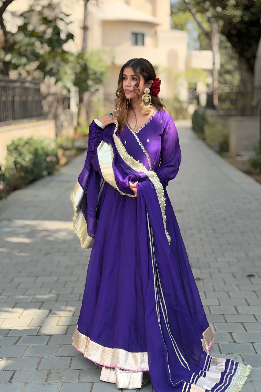 Eloriya Siya's Royal Purple Elegant Golden Border Anarkali Suit Set - XS [34] | Eloriya India