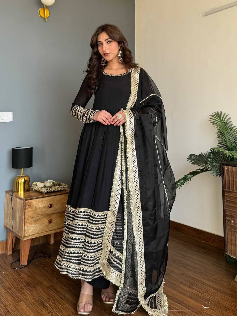 Eloriya Nusrat Noor Black Color Embroidered Work Anarkali Suit Set | Eloriya India