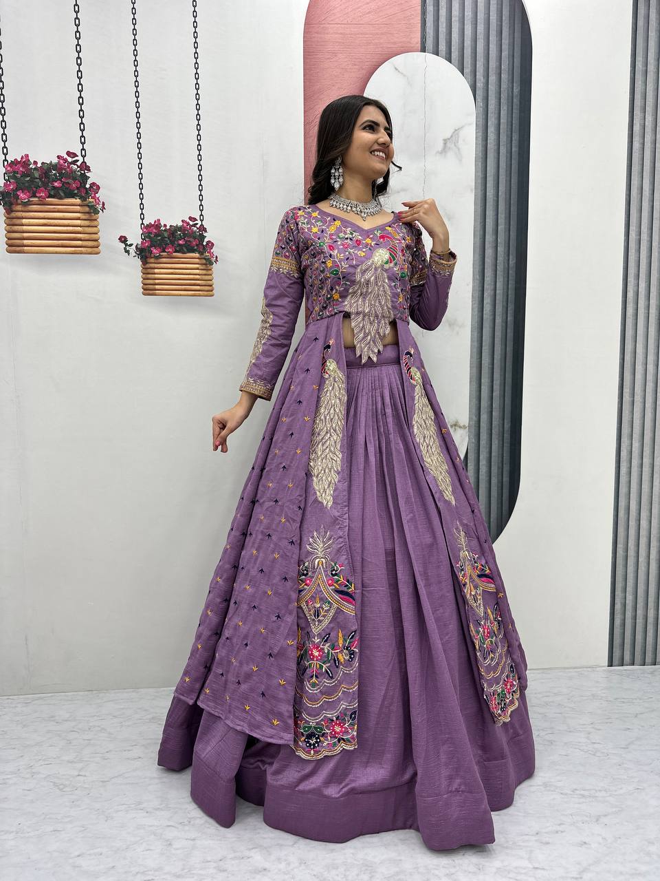 Eloriya Premium Quality Heavy Traditional Crop Top With Shrug With Color - Dusty Purple | Eloriya India