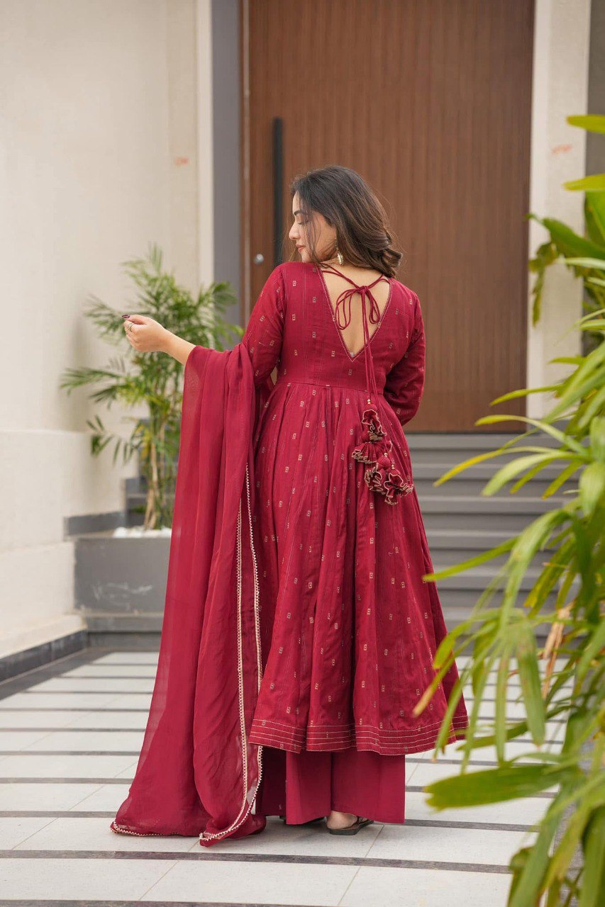 Eloriya Hirva Maroon Colour Cotton Anarkali Suit Set - M [38] | Eloriya India