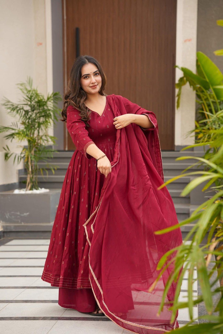 Eloriya Hirva Maroon Colour Cotton Anarkali Suit Set - L [40] | Eloriya India