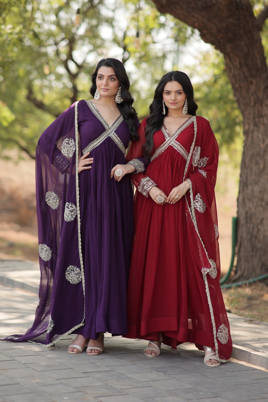 Eloriya Shiwani Premium Readymade Alia Cut Gown With Dupatta Set Ka-1107 - Red | Eloriya India