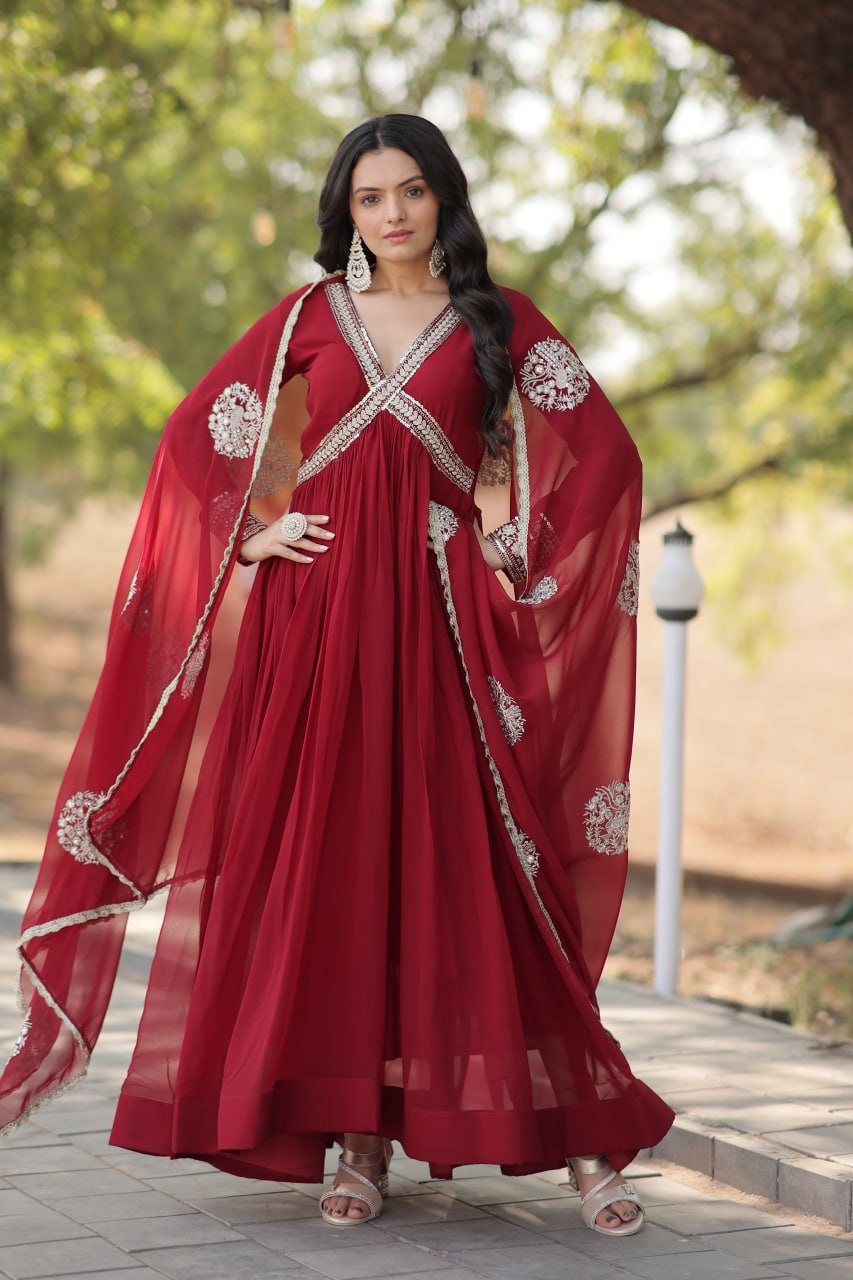 Eloriya Shiwani Premium Readymade Alia Cut Gown With Dupatta Set Ka-1107 - Red | Eloriya India