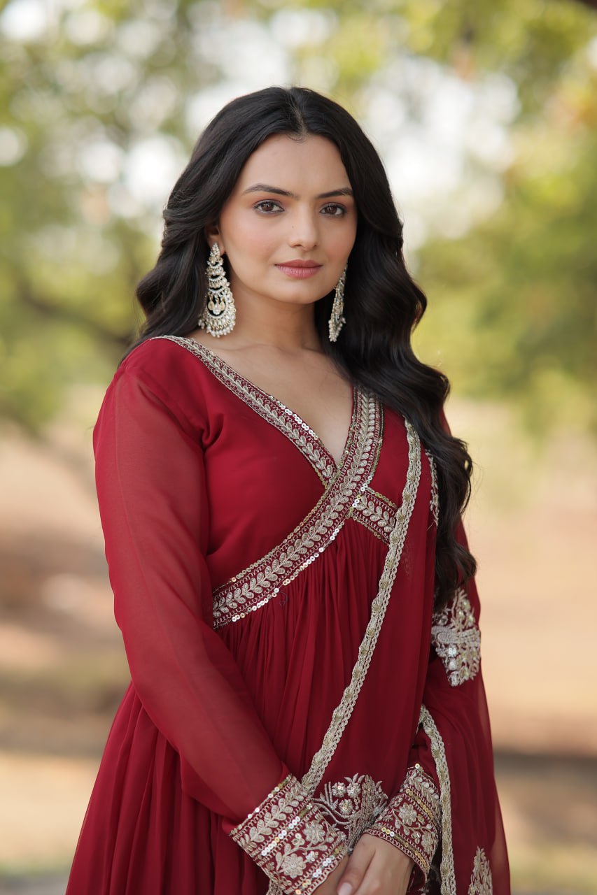 Eloriya Shiwani Premium Readymade Alia Cut Gown With Dupatta Set Ka-1107 - Red | Eloriya India