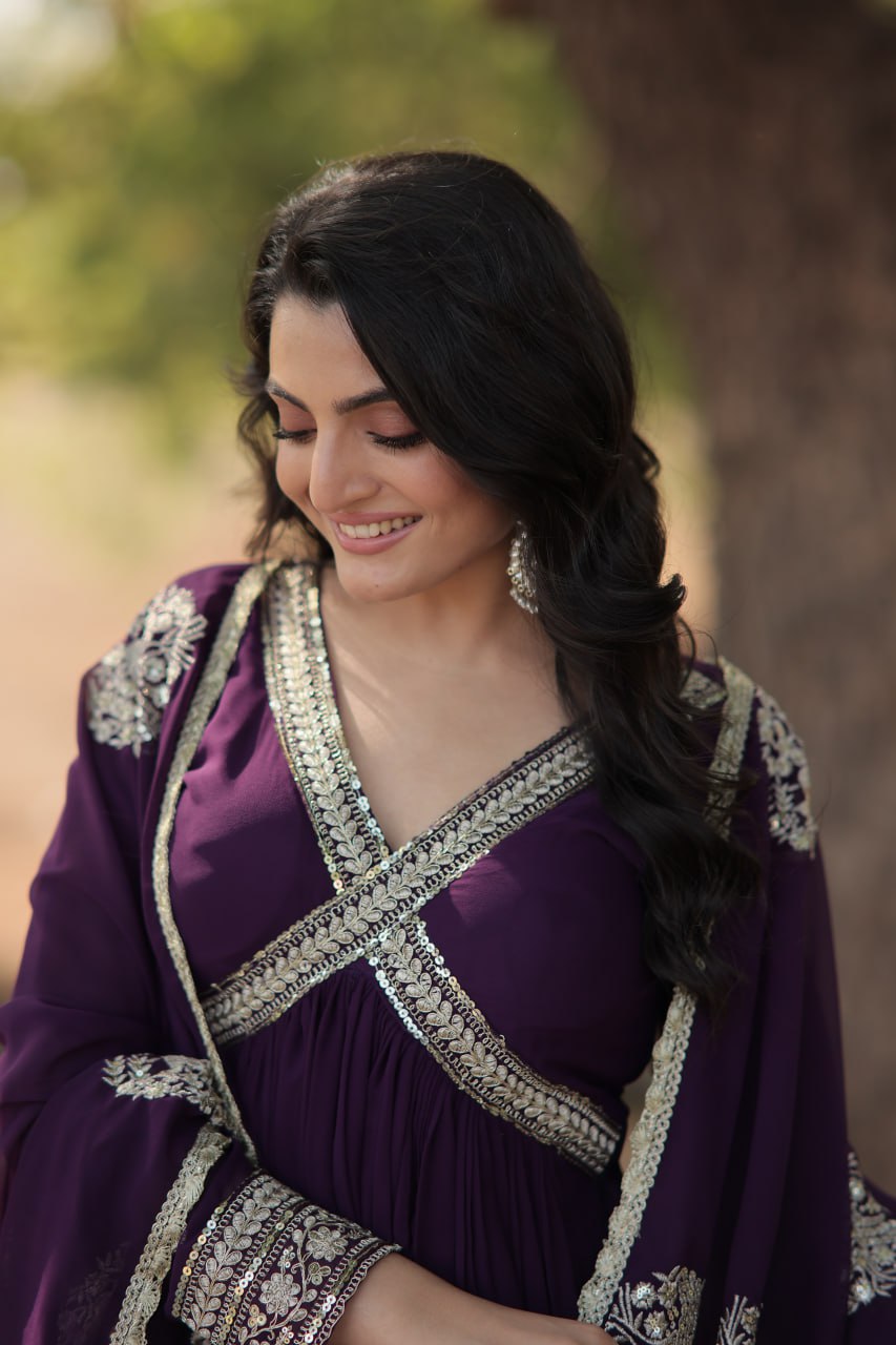 Eloriya Shiwani Premium Readymade Alia Cut Gown With Dupatta Set Ka-1107 - Royal Purple | Eloriya India