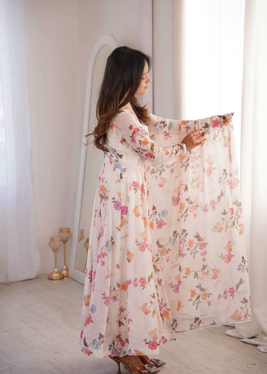 Eloriya Prinsi's Premium Printed Georgette Gown Set - L [40] | Eloriya India