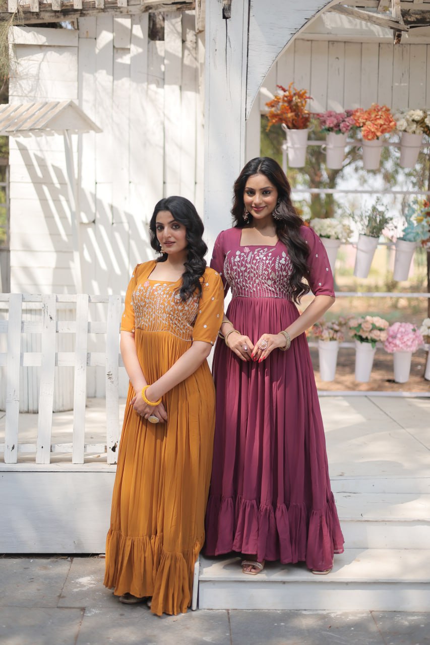 Eloriya Partywear Embroidered Work Gown Ka-1109 - yellow | Eloriya India