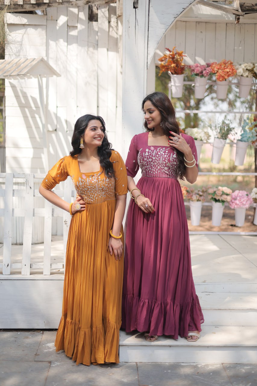Eloriya Partywear Embroidered Work Gown Ka-1109 - yellow | Eloriya India