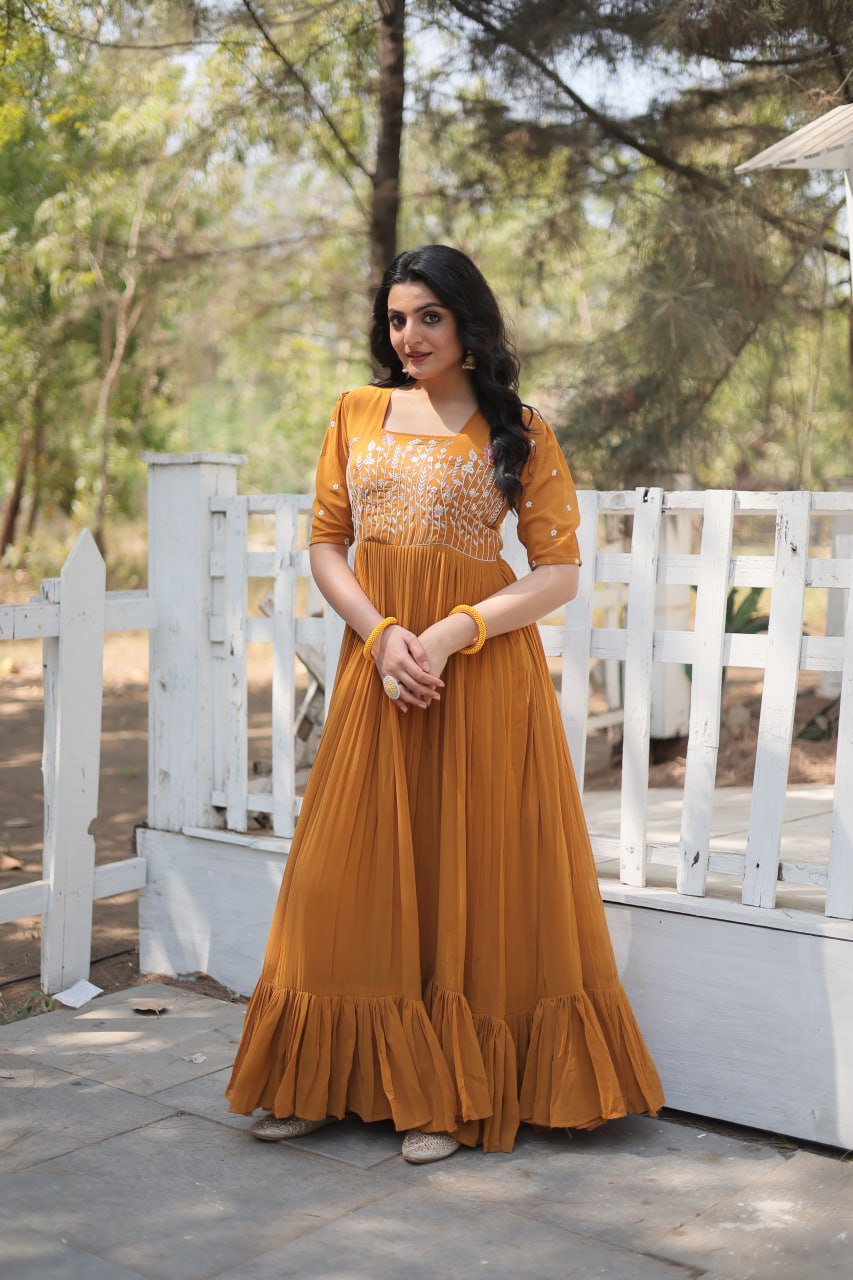 Eloriya Partywear Embroidered Work Gown Ka-1109 - Pink | Eloriya India