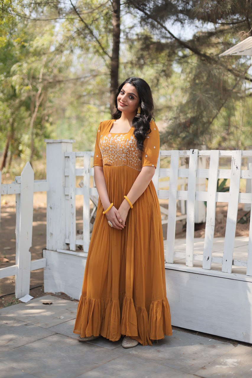 Eloriya Partywear Embroidered Work Gown Ka-1109 - Pink | Eloriya India