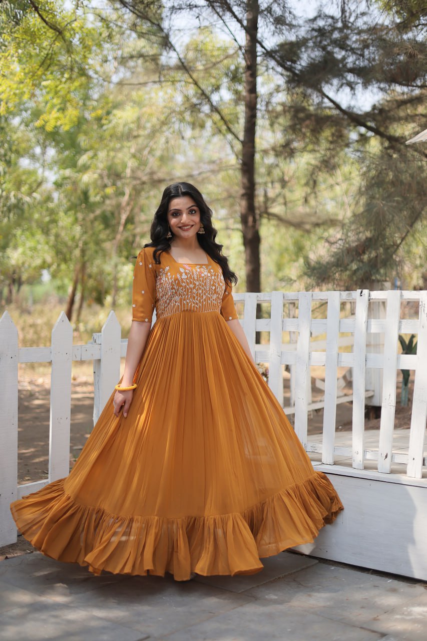 Eloriya Partywear Embroidered Work Gown Ka-1109 - Pink | Eloriya India