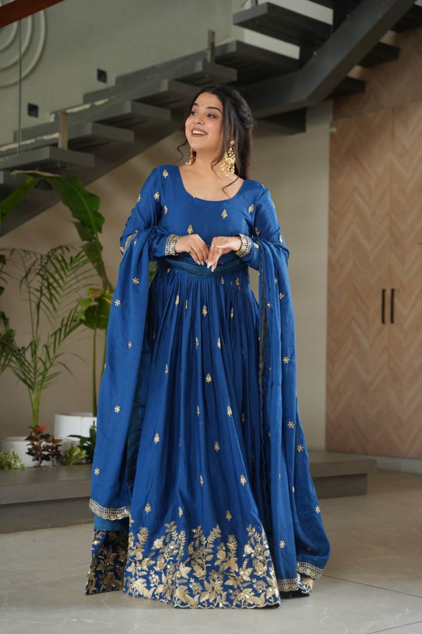 Eloriya New Designer Embroidered Zari Sequins Work Gown - Blue | Eloriya India