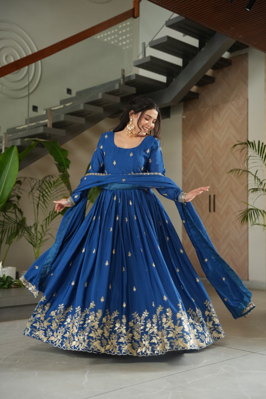 Eloriya New Designer Embroidered Zari Sequins Work Gown - Blue | Eloriya India