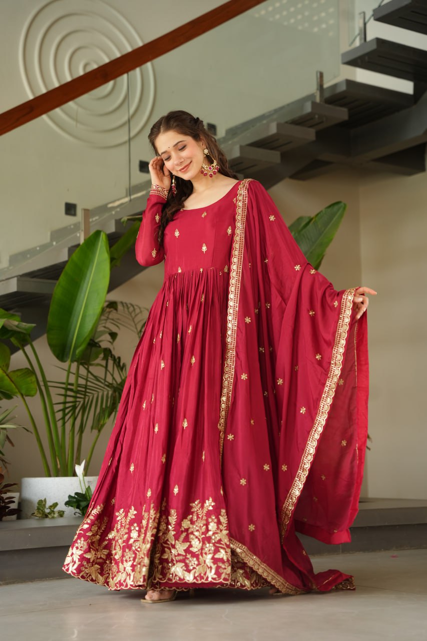 Eloriya New Designer Embroidered Zari Sequins Work Gown - Red | Eloriya India