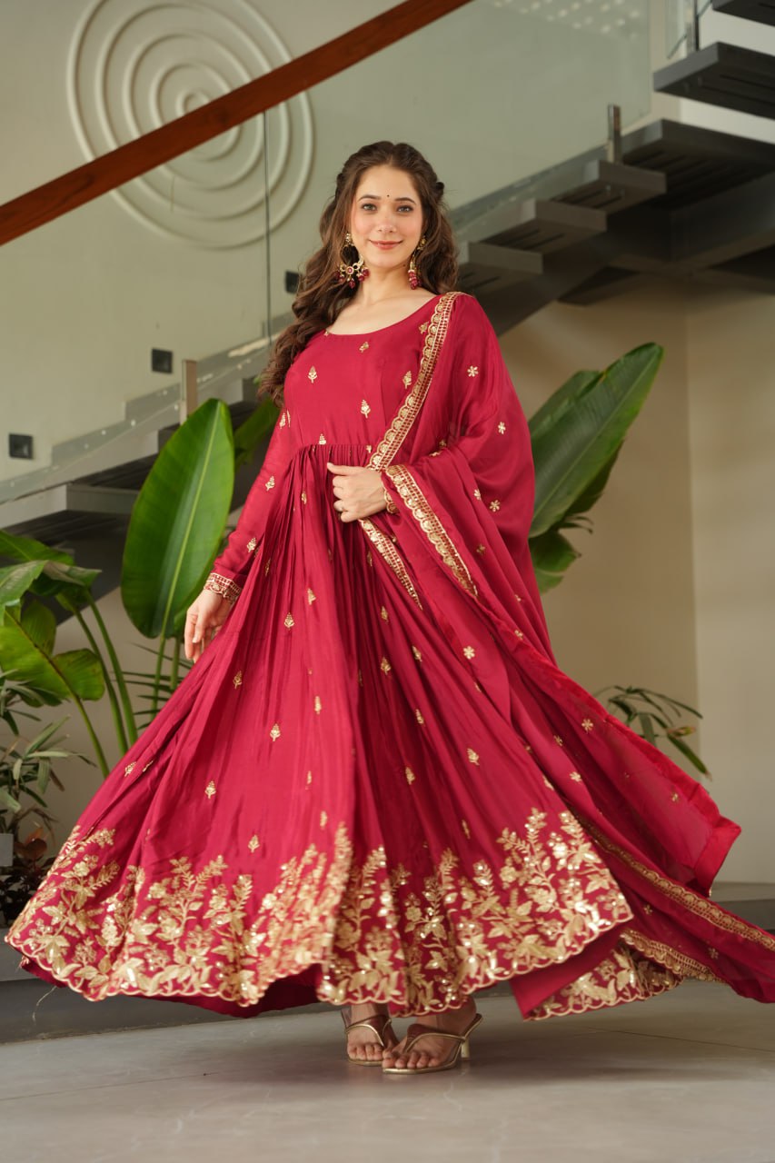 Eloriya New Designer Embroidered Zari Sequins Work Gown - Red | Eloriya India