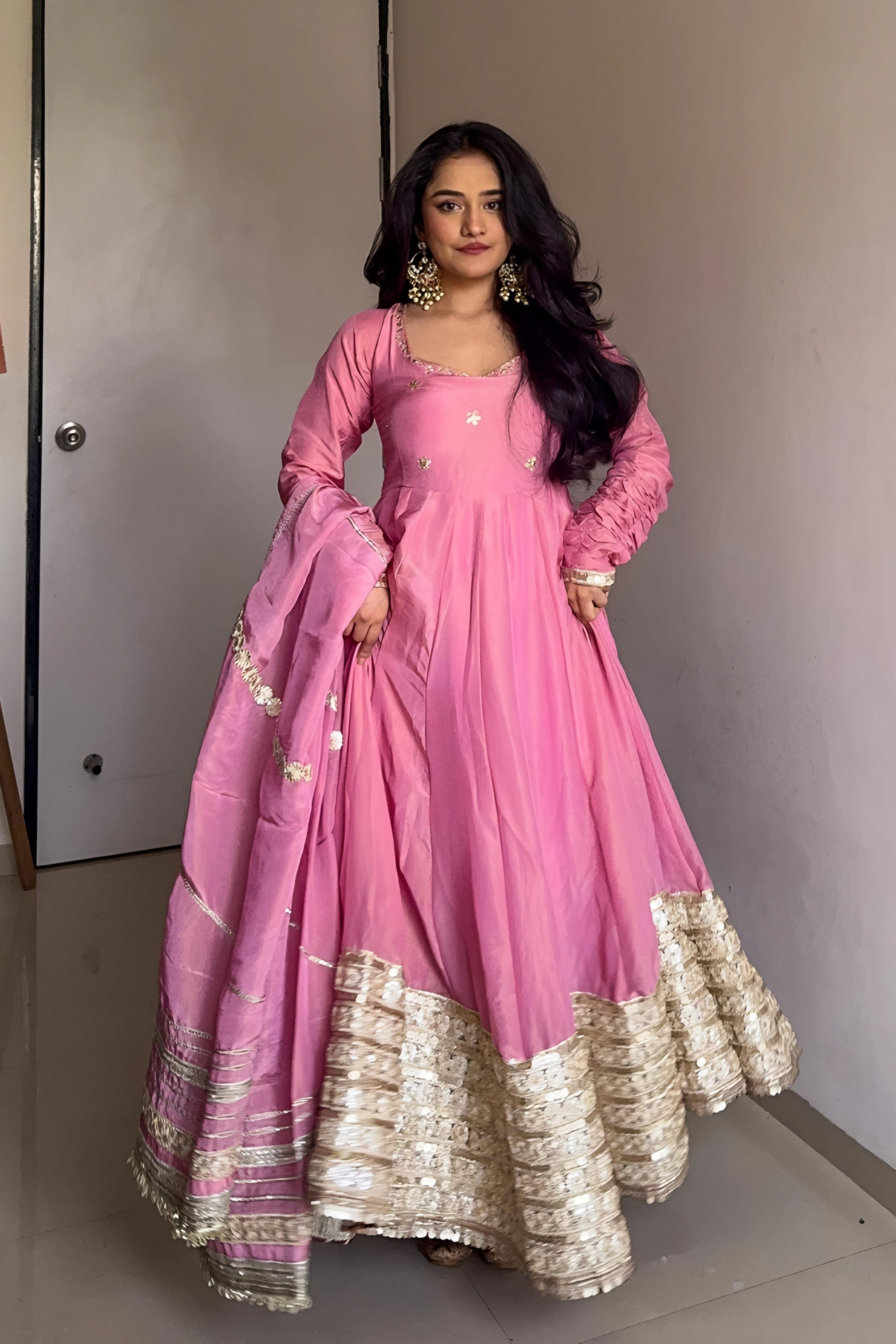 Eloriya Prisha Pink Vichitra Silk Anarkali Suit Set - XS [34] | Eloriya India