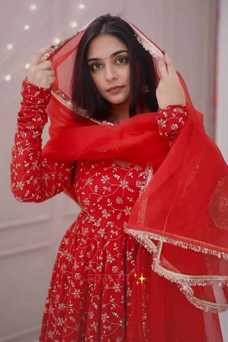 Eloriya Stunning Red Colour Premium Anarkali Suit Set - XL [42] | Eloriya India