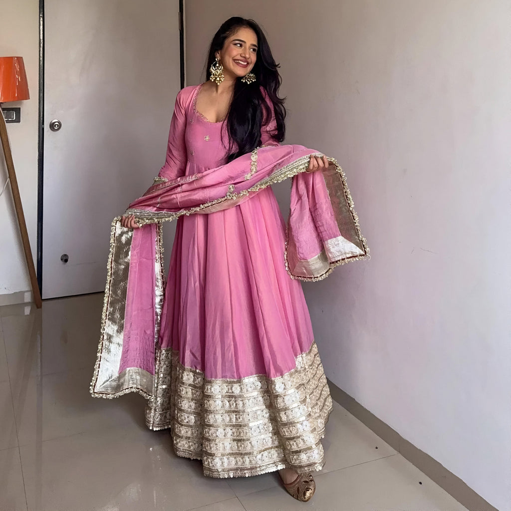 Eloriya Prisha Pink Vichitra Silk Anarkali Suit Set - S [36] | Eloriya India