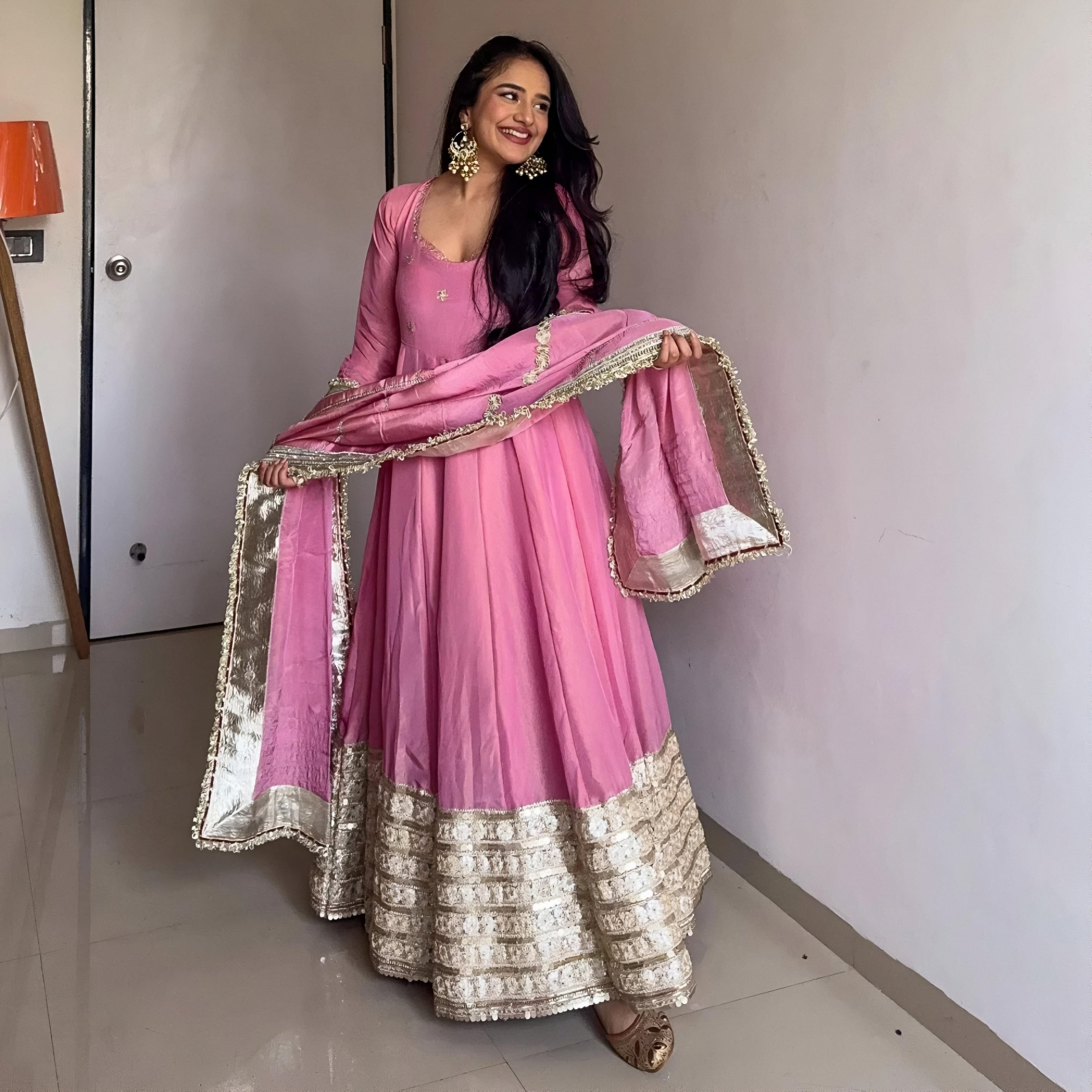 Eloriya Prisha Pink Vichitra Silk Anarkali Suit Set - S [36] | Eloriya India